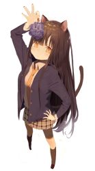 Rule 34 | 1girl, animal ears, arm up, bad id, bad pixiv id, brown hair, cat ears, cat tail, food, frown, fruit, grapes, hand on own hip, holding, holding food, holding fruit, kitada mo, kneehighs, loafers, long hair, looking at viewer, nail polish, necktie, original, perspective, pleated skirt, red nails, school uniform, shoes, skirt, socks, solo, tail, white background, yellow eyes