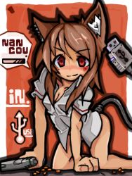 Rule 34 | 1girl, animal ears, arm support, artist name, ass, bottomless, breasts, brown hair, cable, cable tail, cat ears, cat girl, cat tail, cleavage, dress shirt, female focus, gun, kneeling, long hair, mechanical tail, naked shirt, nancou (nankou), original, red eyes, shirt, sidelocks, smile, solo, tail, usb, weapon