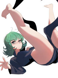 Rule 34 | 1girl, absurdres, ass, barefoot, black dress, curly hair, curvy, dress, green eyes, green hair, highres, light green hair, one-punch man, shiny skin, sho-n-d, simple background, sketch, tatsumaki, white background, wide hips