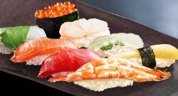 Rule 34 | fish (food), food, food focus, gunkanmaki, highres, ikura (food), mituko3517, nigirizushi, no humans, original, photo-referenced, plate, rice, roe, still life, sushi
