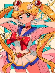 Rule 34 | 1girl, arms up, back bow, bishoujo senshi sailor moon, blonde hair, blue background, blue eyes, blush, border, bow, breasts, brooch, choker, closed mouth, collarbone, commentary request, crescent, crescent earrings, dress, earrings, elbow gloves, gloves, hair ornament, hands up, heart, heart brooch, heart choker, highres, jewelry, long hair, looking at viewer, medium breasts, outside border, parted bangs, pink bow, sailor collar, sailor moon, sanamaru (sana79261827), short dress, short sleeves, simple background, smile, solo, sparkle, standing, tsukino usagi, twintails, white dress, white gloves, yellow border, yellow choker