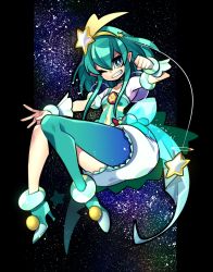Rule 34 | 1girl, asymmetrical legwear, back bow, blue bow, blue eyes, blue footwear, blue hair, blue pantyhose, bow, clenched hand, cure milky, full body, grin, hagoromo lala, hair ornament, high heels, looking at viewer, magical girl, mismatched legwear, one eye closed, pantyhose, precure, puffy sleeves, red bow, see-through, see-through sleeves, senmu (0107), shoes, shooting star hair ornament, short hair, sidelocks, single leg pantyhose, skirt, sky, smile, solo, space, star (sky), star (symbol), star hair ornament, star twinkle precure, starry sky, teeth, white skirt, wrist cuffs