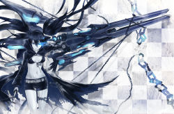 Rule 34 | 10s, 1girl, arm cannon, belt, bikini, bikini top only, black bikini, black hair, black rock shooter, black rock shooter (character), blue eyes, chain, denim, denim shorts, flat chest, front-tie top, gloves, glowing, glowing eyes, highres, hood, jacket, katana, long hair, midriff, nidy, pale skin, scar, short shorts, shorts, solo, star (symbol), stitches, swimsuit, sword, torn clothes, twintails, uneven twintails, very long hair, wallpaper, weapon, zipper