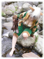 Rule 34 | animal ears, barefoot, boots, breasts, cat ears, cleavage, cosplay, final fantasy, final fantasy xi, gloves, lowres, mithra (ff11), photo (medium), rock, stream, tagme, thief, water