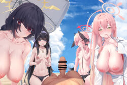Rule 34 | 1boy, 4girls, :o, ahoge, bar censor, beach, bikini, bikini bottom only, black bikini, black bow, black hair, black wings, blue archive, blue eyes, blue sky, blush, bow, braid, breasts, censored, choker, cloud, collarbone, commentary request, covering own eyes, cyelho, day, erection, eyes visible through hair, feathered wings, floral print, green eyes, hair between eyes, hair bow, hair over eyes, hair ribbon, hairband, half-closed eyes, halo, hanako (blue archive), hanako (swimsuit) (blue archive), hanging breasts, head wings, hetero, highres, hinata (blue archive), hinata (swimsuit) (blue archive), huge breasts, jewelry, koharu (blue archive), koharu (swimsuit) (blue archive), long hair, long sleeves, looking at penis, looking at viewer, low twintails, low wings, multiple girls, navel, nipples, nose blush, o-ring, o-ring bikini, o-ring bottom, one eye closed, open mouth, outdoors, parted lips, pendant, penis, pink eyes, pink hair, pink halo, ponytail, pov, print bikini, purple hairband, purple ribbon, red eyes, ribbon, sagging breasts, shirt, side braid, single braid, sitting, sky, small breasts, straight hair, swimsuit, testicles, topless, twintails, ui (blue archive), ui (swimsuit) (blue archive), umbrella, unbuttoned, unbuttoned shirt, unbuttoned sleeves, very long hair, wariza, white shirt, white umbrella, wings, yellow halo