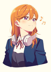 Rule 34 | 1girl, beamed sixteenth notes, beige background, blue jacket, blush, closed mouth, collared shirt, commentary, cropped arms, cropped torso, deadnooodles, eighth note, hair between eyes, headphones, headphones around neck, highres, jacket, light smile, long hair, looking away, looking to the side, love live!, love live! superstar!!, musical note, neck ribbon, open clothes, open jacket, orange hair, purple eyes, red ribbon, ribbon, school uniform, shibuya kanon, shirt, simple background, solo, upper body, white shirt, yuigaoka school uniform