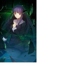 Rule 34 | 1girl, asagami fujino, blunt bangs, breasts, closed mouth, commentary, dress, fate/grand order, fate (series), hand on own chest, high collar, indoors, kara no kyoukai, long hair, long sleeves, looking at viewer, medium breasts, official art, purple hair, red eyes, reien girl&#039;s academy school uniform, rubble, school uniform, shiojima yuka, solo, standing