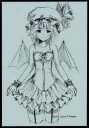 Rule 34 | 1girl, alternate costume, artist name, bare shoulders, bat wings, black border, border, bow, character name, corset, cropped legs, facing viewer, frilled skirt, frills, garter straps, hat, hat bow, hat ribbon, highres, kareyare, looking at viewer, mob cap, monochrome, remilia scarlet, ribbon, scan, short hair, simple background, sketch, skirt, sleeveless, smile, solo, thighhighs, touhou, traditional media, wings, wrist cuffs, zettai ryouiki