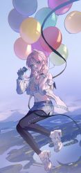 Rule 34 | 1girl, absurdres, airborne, arknights, balloon, black pants, blue eyes, blue poison (arknights), blue poison (shoal beat) (arknights), blue shorts, blue sky, braid, breasts, cellphone, choker, earrings, hairband, hands up, highres, holding, holding phone, jacket, jewelry, long hair, long sleeves, looking at viewer, midriff, mountain, nanhanzi, navel, off shoulder, official alternate costume, open clothes, open jacket, open mouth, pants, pants under shorts, phone, pink choker, pink hair, shoes, shorts, sky, small breasts, smartphone, solo, twin braids, water, white footwear, white hairband, white jacket