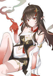 1girl absurdres ahoge arm_support bare_shoulders blush breasts brown_hair chinese_clothes cleavage closed_mouth clothing_cutout colored_extremities commentary criss-cross_halter criss-cross_straps detached_sleeves diamond-shaped_pupils diamond_(shape) dress eyelashes gold_thighlet gradient_skin hair_ornament halterneck highres honkai:_star_rail honkai_(series) knee_up lingsha_(honkai:_star_rail) long_hair looking_at_viewer navel orange_eyes pointy_ears red_feet red_hands renjian_renjian sidelocks simple_background sitting solo stomach_cutout symbol-shaped_pupils tassel tassel_hair_ornament thighs white_background