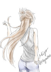 Rule 34 | 1girl, back, bare arms, bare shoulders, brown hair, commentary request, denim, from behind, jeans, long hair, miyo340, original, pants, signature, sketch, sleeveless, sleeveless turtleneck, solo, turtleneck, very long hair, white background, white pants