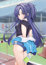 Rule 34 | 1girl, absurdres, arms behind back, ass, black shirt, blue archive, blue buruma, blue eyes, blue hair, blue jacket, blurry, blush, bottle, breasts, buruma, closed mouth, covered erect nipples, cowboy shot, dark blue hair, from behind, gym uniform, hair intakes, highres, jacket, jacket partially removed, long hair, looking at viewer, looking back, medium breasts, nape, official alternate costume, outdoors, parted bangs, shirt, solo, sportswear, star (symbol), star sticker, sticker, sticker on face, thigh gap, track and field, track jacket, uiri-na, very long hair, water bottle, yuuka (blue archive), yuuka (track) (blue archive)