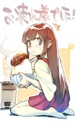 Rule 34 | 10s, 1girl, :i, akagi (kancolle), brown hair, butter, eating, food, kantai collection, long hair, looking at viewer, nonco, rice, sitting, solo, steak, thighhighs, wariza, white thighhighs