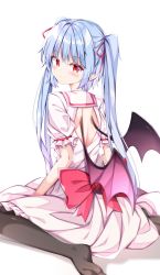 Rule 34 | 1girl, alternate hair length, alternate hairstyle, back cutout, bat wings, black legwear, blue hair, closed mouth, clothing cutout, from behind, highres, long hair, looking at viewer, looking back, pointy ears, red eyes, remilia scarlet, sabana, short sleeves, simple background, sitting, solo, touhou, wariza, white background, wings