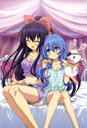 Rule 34 | 10s, 2girls, ^ ^, absurdres, bed, black hair, blue eyes, blue hair, blush, bow, breasts, cleavage, closed eyes, date a live, eyepatch, closed eyes, flat chest, hair bow, hand puppet, highres, legs, long hair, long legs, medium breasts, multiple girls, non-web source, nyantype, official art, open mouth, pajamas, ponytail, puppet, shikama motoko, smile, stuffed animal, stuffed toy, very long hair, yatogami tooka, yoshino (date a live), yoshinon