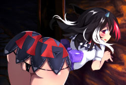Rule 34 | 1girl, ass, bad id, bad pixiv id, black hair, blush, bow, fat mons, horns, kijin seija, leaning forward, looking at viewer, looking back, multicolored hair, red eyes, smile, solo, thong, tongue, touhou, underwear, zamudelin
