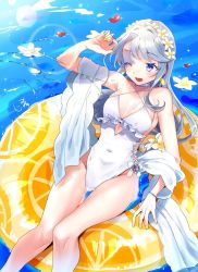 Rule 34 | 1girl, asymmetrical bangs, casual one-piece swimsuit, covered navel, feet out of frame, flower, frilled swimsuit, frills, grey hair, hair flower, hair ornament, hairband, highleg, highleg swimsuit, innertube, kantai collection, long hair, official alternate costume, one-piece swimsuit, oriharaizaya819, purple eyes, sagiri (kancolle), shawl, side-tie swimsuit, solo, swept bangs, swim ring, swimsuit, water, white one-piece swimsuit, white shawl