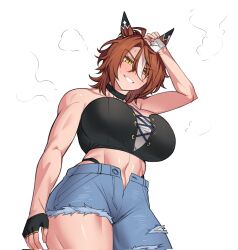 1girl ahoge animal_ears asymmetrical_clothes asymmetrical_gloves bare_shoulders black_choker black_gloves brown_hair choker commentary cowboy_shot daiwa_major_(racehorse) denim ear_covers ear_ornament eyes_visible_through_hair from_above fukuro_(maruaru00) genderswap genderswap_(mtf) gloves grin highleg highres horse_ears horse_girl jeans looking_down medium_hair midriff muscular muscular_female navel original pants personification single_pantsleg slit_pupils smell smile solo sweat torn_clothes torn_pants umamusume uneven_gloves very_sweaty white_gloves white_hair yellow_eyes