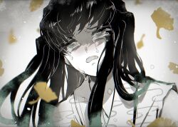 Rule 34 | 1boy, aged down, black hair, blurry, child, crying, depth of field, falling leaves, ginkgo leaf, green eyes, green hair, japanese clothes, kimetsu no yaiba, kimono, leaf, long hair, looking at viewer, monochrome, mosskmt, open mouth, partially colored, portrait, sleeveless, sleeveless kimono, sobbing, solo, spoilers, tokitou muichirou