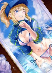 Rule 34 | 1girl, ;d, absurdres, ahoge, ao (time-leap), artoria pendragon (fate), baseball cap, bikini, blonde hair, blue eyes, blue hat, blue sky, breasts, cloud, cloudy sky, commentary request, cowboy shot, cum, cum on object, cum tribute, cumtribute, day, dutch angle, ejaculation, fate/grand order, fate (series), furrowed brow, hand on own thigh, hat, highres, huge filesize, lips, lowleg, lowleg bikini, medium breasts, mysterious heroine x (fate), mysterious heroine xx (fate), navel, one eye closed, open mouth, outdoors, photo (object), ponytail, short hair, shrug (clothing), side-tie bikini bottom, sidelocks, sky, smile, solo, solo focus, splashing, swimsuit, wading, water, white bikini