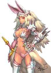 Rule 34 | 1girl, 2016, animal ears, armor, artist name, blonde hair, breasts, rabbit ears, highres, long hair, looking at viewer, medium breasts, midriff, navel, ninnin (shishitou), original, red eyes, simple background, solo, sword, weapon, white background