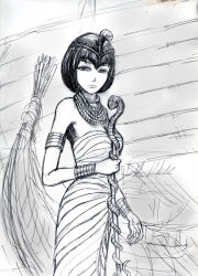Rule 34 | 1girl, ancient egypt, armlet, artist request, breasts, dress, female focus, highres, monochrome, original, ship, snake, solo, standing, watercraft