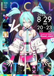 Rule 34 | 1girl, animal ear legwear, aqua hair, aqua necktie, arm tattoo, arm warmers, arms at sides, arrow (symbol), asymmetrical legwear, badge, bare shoulders, belt, belt buckle, belt pouch, black thighhighs, blue eyes, blue nails, breasts, buckle, button badge, cameo, cat ear legwear, clothes writing, collared leotard, commentary request, copyright name, cosplay, cowboy shot, dated, english text, eyelashes, facepaint, fang, fangs, green leotard, groin, gumi, hair between eyes, hair ornament, hatsune miku, headphones, headphones around neck, heart, highres, jacket, kagamine rin, kagamine rin (cosplay), kaito (cosplay), kaito (vocaloid), leotard, long hair, long sleeves, looking at viewer, lowleg, lowleg skirt, microskirt, nail polish, necktie, off shoulder, open clothes, open jacket, pelvic curtain, photo (medium), photo inset, pink skirt, pouch, puffy long sleeves, puffy sleeves, rsk (tbhono), shoulder tattoo, skin fang, skindentation, skirt, small breasts, solo, spread fingers, sticker, tattoo, thighhighs, twintails, uneven legwear, very long hair, vocaloid