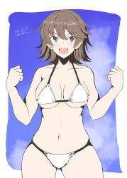 Rule 34 | 1girl, artist name, bikini, blue eyes, blue sky, breasts, brown hair, cleavage, collarbone, cowboy shot, dated, flipped hair, hair between eyes, hands up, hiei (kancolle), highres, kantai collection, looking to the side, medium breasts, medium hair, no headwear, open mouth, sky, smile, solo, swimsuit, taira yuuki, thick thighs, thighs, white bikini