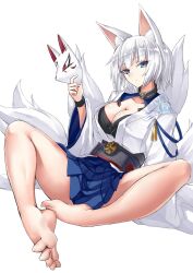 Rule 34 | 1girl, absurdres, animal ear fluff, animal ears, azur lane, bare legs, barefoot, blue eyes, blue skirt, breasts, cleavage, collarbone, commentary request, expressionless, eyeliner, feet, fox ears, fox girl, fox mask, fox tail, full body, hakama, hakama short skirt, hakama skirt, highres, holding, holding mask, iwashi (nisankatanso), japanese clothes, kaga (azur lane), kimono, kitsune, kyuubi, large breasts, long sleeves, looking at viewer, mask, multiple tails, pleated skirt, red eyeliner, sakuramon, short hair, simple background, sitting, skirt, solo, spread legs, tail, toes, white background, white hair, white kimono, white tail, wide sleeves