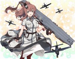 Rule 34 | 1girl, absurdres, aircraft, black gloves, blush, breast pocket, breasts, brown hair, commission, fingerless gloves, flight deck, gloves, grey eyes, hair ornament, highres, holding, kanmiya shinobu, kantai collection, large breasts, long hair, looking at viewer, open mouth, pocket, ponytail, red thighhighs, saratoga (kancolle), saratoga mk ii (kancolle), short sleeves, simple background, single glove, skeb commission, smokestack hair ornament, solo, thighhighs