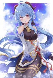 Rule 34 | :o, ahoge, bare shoulders, bell, black gloves, black legwear, blue hair, blue sky, blush, bow, breasts, chinese knot, cloud, covering privates, covering crotch, detached sleeves, flower knot, ganyu (genshin impact), genshin impact, gloves, gold trim, highres, horns, long hair, looking at viewer, low ponytail, medium breasts, neck bell, open mouth, petals, purple eyes, red rope, rope, sidelocks, sky, solo, standing, star (sky), starry sky, tassel, thighlet, user pwth2328, vision (genshin impact), waist cape, white sleeves