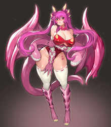 Rule 34 | 1girl, animal hands, bare shoulders, blush, bow, bowtie, breasts, claws, cleavage, commission, dragon girl, dragon wings, extra mouth, full body, gurimjang, heart, heart tattoo, highres, horns, jabberwock (monster girl encyclopedia), large breasts, long hair, monster girl, monster girl encyclopedia, pixiv commission, purple hair, red eyes, revealing clothes, solo, tail, tattoo, thighhighs, thighs, twintails, wings