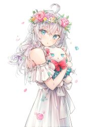 1girl absurdres ahoge alisa_mikhailovna_kujou bare_shoulders blue_hair blush bow bowtie braid casual cover cover_page dot_nose dress flower_wreath frilled_dress frills hair_between_eyes hair_ribbon hair_tie head_tilt head_wreath highres holding holding_stuffed_toy hugging_object long_hair looking_at_viewer looking_to_the_side manga_cover official_art parted_lips pink_bow pink_bowtie puffy_short_sleeves puffy_sleeves purple_ribbon ribbon short_sleeves simple_background solo standing stuffed_animal stuffed_cat stuffed_toy tenacitysaho textless_version tokidoki_bosotto_roshia-go_de_dereru_tonari_no_alya-san white_background white_dress white_hair