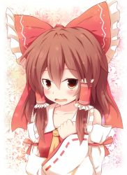 Rule 34 | 1girl, bad id, bad pixiv id, bare shoulders, beni shake, blush, bow, brown eyes, brown hair, detached sleeves, fang, female focus, hair bow, hair tubes, hakurei reimu, hand on own chest, japanese clothes, long hair, miko, open mouth, solo, touhou