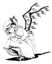 Rule 34 | 1girl, back bow, bobby socks, bow, commentary request, crystal, fang, flandre scarlet, frilled skirt, frills, full body, greyscale, hat, hat bow, highres, looking at viewer, mary janes, medium hair, mob cap, monochrome, one side up, puffy short sleeves, puffy sleeves, shirt, shoes, short sleeves, simple background, skirt, smile, socks, solo, squatting, touhou, white background, wings, wrist cuffs, yunoo (cmzkvneld845)