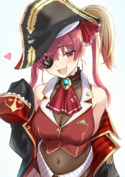 Rule 34 | 1girl, absurdres, bare shoulders, bee doushi, belt, black coat, black hat, bodysuit, breasts, brooch, cleavage, coat, covered navel, crop top, eyepatch, gold trim, hat, highres, hololive, houshou marine, jewelry, large breasts, long hair, looking at viewer, midriff, off shoulder, open mouth, pirate hat, red eyes, red hair, red shirt, see-through, see-through cleavage, shirt, sleeveless, sleeveless shirt, smile, solo, twintails, upper body, virtual youtuber, wing collar