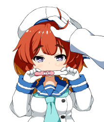Rule 34 | 10s, 1girl, artist request, beret, blush, etorofu (kancolle), gloves, hat, heart, heart-shaped pupils, highres, kantai collection, looking at viewer, medium hair, headpat, pov, pov hands, pregnancy test, red hair, school uniform, solo focus, symbol-shaped pupils, thick eyebrows, white background