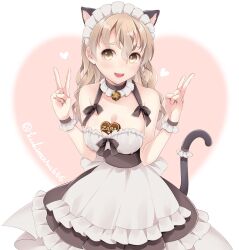 Rule 34 | 1girl, alternate costume, animal ears, apron, black dress, blonde hair, braid, breasts, brown eyes, candy, cat ears, cat tail, chocolate, chocolate heart, cleavage, commentary request, double v, dress, enmaided, food, french braid, frilled shirt, frills, heart, highres, kantai collection, kukimaru, long hair, maid, maid headdress, medium breasts, shirt, solo, tail, v, wavy hair, white apron, white shirt, wrist cuffs, zara (kancolle)