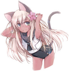 Rule 34 | 10s, 1girl, animal ears, arms up, blonde hair, cat ears, cat tail, flower, foreshortening, green eyes, hair flower, hair ornament, japanese flag, kantai collection, leaning forward, long hair, looking at viewer, one-piece swimsuit, one-piece tan, open mouth, parted lips, ro-500 (kancolle), simple background, smile, solo, swimsuit, swimsuit under clothes, tail, tan, tanline, white background, yumesato makura