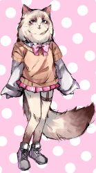 Rule 34 | absurdres, animal ears, bow, brown sweater, cat ears, cat girl, cat tail, furry, furry female, garter belt, highres, hyuni (character), indie virtual youtuber, molina, pink background, pink bow, pink skirt, school uniform, skirt, sweater, tail, whiskers
