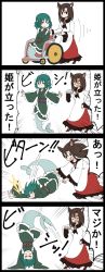 Rule 34 | 2girls, 4koma, = =, animal ears, blue hair, brooch, brown hair, comic, emphasis lines, falling, handstand, highres, imaizumi kagerou, jetto komusou, jewelry, mermaid, monster girl, multiple girls, red eyes, red footwear, shoes, touhou, translated, trembling, wakasagihime, wheelchair, wolf ears