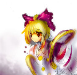 Rule 34 | 1girl, blonde hair, bow, buttons, dress, female focus, hair bow, kurodani yamame, long sleeves, looking afar, lowres, pink bow, red eyes, short hair, sidelocks, simple background, solo, tanaka ken&#039;ichi, touhou, upper body, white background, white dress