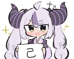 Rule 34 | 1girl, :d, ahoge, commentary request, fang, grey hair, highres, hololive, horns, huge horns, la+ darknesss, la+ darknesss (new year), light blush, long hair, long sleeves, looking at viewer, motoori ori, multicolored hair, open mouth, purple hair, simple background, skin fang, smile, solo, streaked hair, striped horns, twintails, upper body, very long hair, virtual youtuber, white background