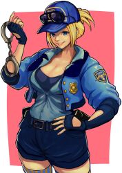 Rule 34 | 1girl, absurdres, ap cammy, baseball cap, blonde hair, blue eyes, blue hat, blue jacket, blue shorts, breasts, cleavage, cropped jacket, cuffs, eyewear on head, final fight, fingerless gloves, gloves, hand on own hip, handcuffs, hat, highres, holding, holding handcuffs, jacket, large breasts, lucia morgan, police, police uniform, policewoman, shorts, solo, street fighter, street fighter v, striped clothes, striped thighhighs, thighhighs, uniform