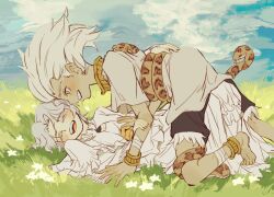Rule 34 | 2boys, :d, absurdres, aged down, anklet, barefoot, blush, boy on top, bracelet, brothers, dark souls (series), dark souls i, dark souls iii, dark sun gwyndolin, day, dress, from side, grass, grey hair, grey shirt, happy, highres, jewelry, long hair, multiple boys, nameless king, open mouth, orange eyes, outdoors, shirt, short hair, short sleeves, siblings, smile, snake, teeth, tongue, white dress, zunkome