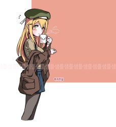 Rule 34 | ^^^, beret, blonde hair, blue skirt, blush, brown jacket, closed mouth, commentary, cropped legs, cup, girls&#039; frontline, green eyes, green hat, hair between eyes, hair ornament, hairclip, hands up, hat, holding, holding cup, jacket, korean text, long hair, looking at viewer, m1 garand (girls&#039; frontline), mogijabgo, mug, pantyhose, pleated skirt, pocket, skirt, smile, solo, steam, suspender skirt, suspenders, translation request, two-tone background