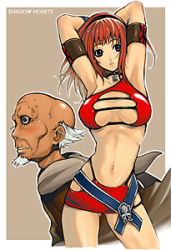 Rule 34 | 1boy, 1girl, armlet, arms up, asymmetrical clothes, bald, beard, blue eyes, blunt bangs, border, brown hair, contrapposto, cowboy shot, facial hair, from side, image sample, karin koenig, looking at viewer, lowres, midriff, navel, profile, revealing clothes, roger bacon, shadow hearts, shadow hearts ii, standing, stomach, thumbnail, upper body
