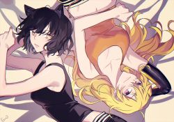 Rule 34 | 2girls, animal ears, bed sheet, black hair, black shirt, blake belladonna, blonde hair, breasts, cat ears, cleavage, closed mouth, ecru, from above, long hair, looking at viewer, lying, medium breasts, midriff, multiple girls, navel, on back, on side, orange shirt, parted lips, prosthesis, prosthetic arm, purple eyes, shirt, short hair, sleeveless, sleeveless shirt, smile, stomach, upper body, very long hair, yang xiao long, yellow eyes