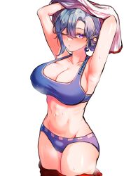 Rule 34 | 1girl, absurdres, armpits, arms up, bikini, blue bikini, blue hair, blush, breasts, chiebukuro setsuka, cleavage, collarbone, danganronpa (series), folded ponytail, hair between eyes, hair ornament, highres, large breasts, light blue hair, looking at viewer, monja (jyamong 0907), navel, one eye closed, pants, red pants, shiny skin, smile, solo, stomach, super danganronpa another 2, sweat, swimsuit, undressing