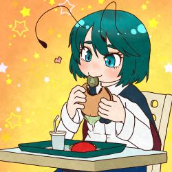 Rule 34 | 1girl, antennae, black cape, blouse, blue eyes, blue shorts, blush, burger, cape, closed mouth, collared shirt, commentary request, commission, cup, disposable cup, eating, fast food, food, french fries, green hair, hair between eyes, heart, highres, kukino esuna, long sleeves, looking at food, looking down, orange background, pickle, red cape, shirt, short hair, shorts, skeb commission, smile, solo, star (symbol), table, touhou, tray, two-sided cape, two-sided fabric, upper body, white shirt, wriggle nightbug